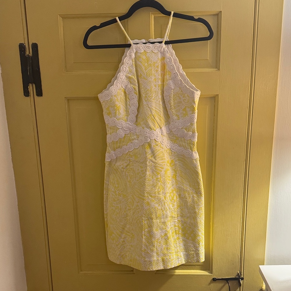 Lilly Pulitzer sz  2 Yellow and White appliqué detailed Halter Dress back zip